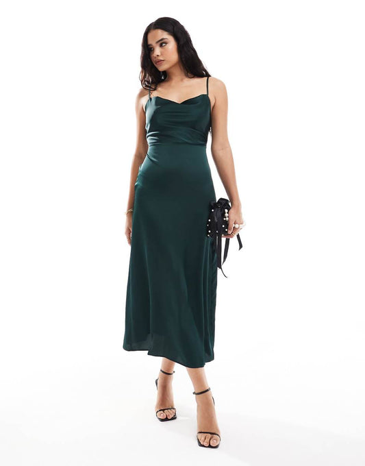 Vila Bridesmaid satin cowl neck cami maxi dress in dark green