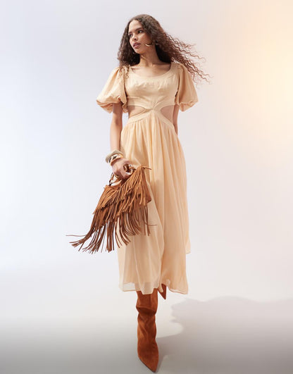 ASOS DESIGN twill & georgette mix blouson sleeve cut-out midi dress in beige