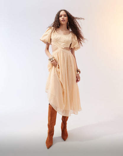 ASOS DESIGN twill & georgette mix blouson sleeve cut-out midi dress in beige
