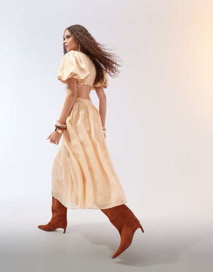 ASOS DESIGN twill & georgette mix blouson sleeve cut-out midi dress in beige