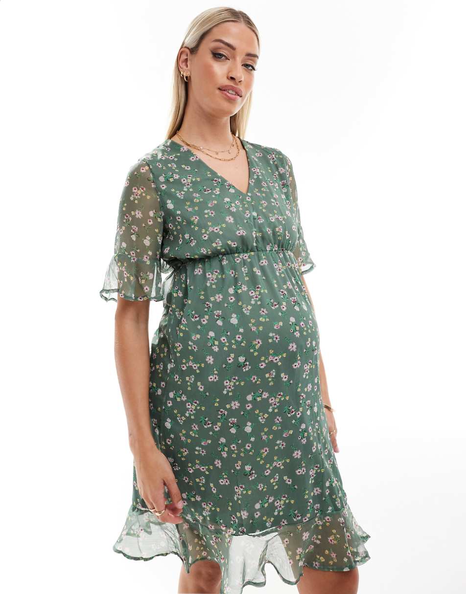 Vero Moda Maternity flutter sleeve v neck mini dress in sage green floral