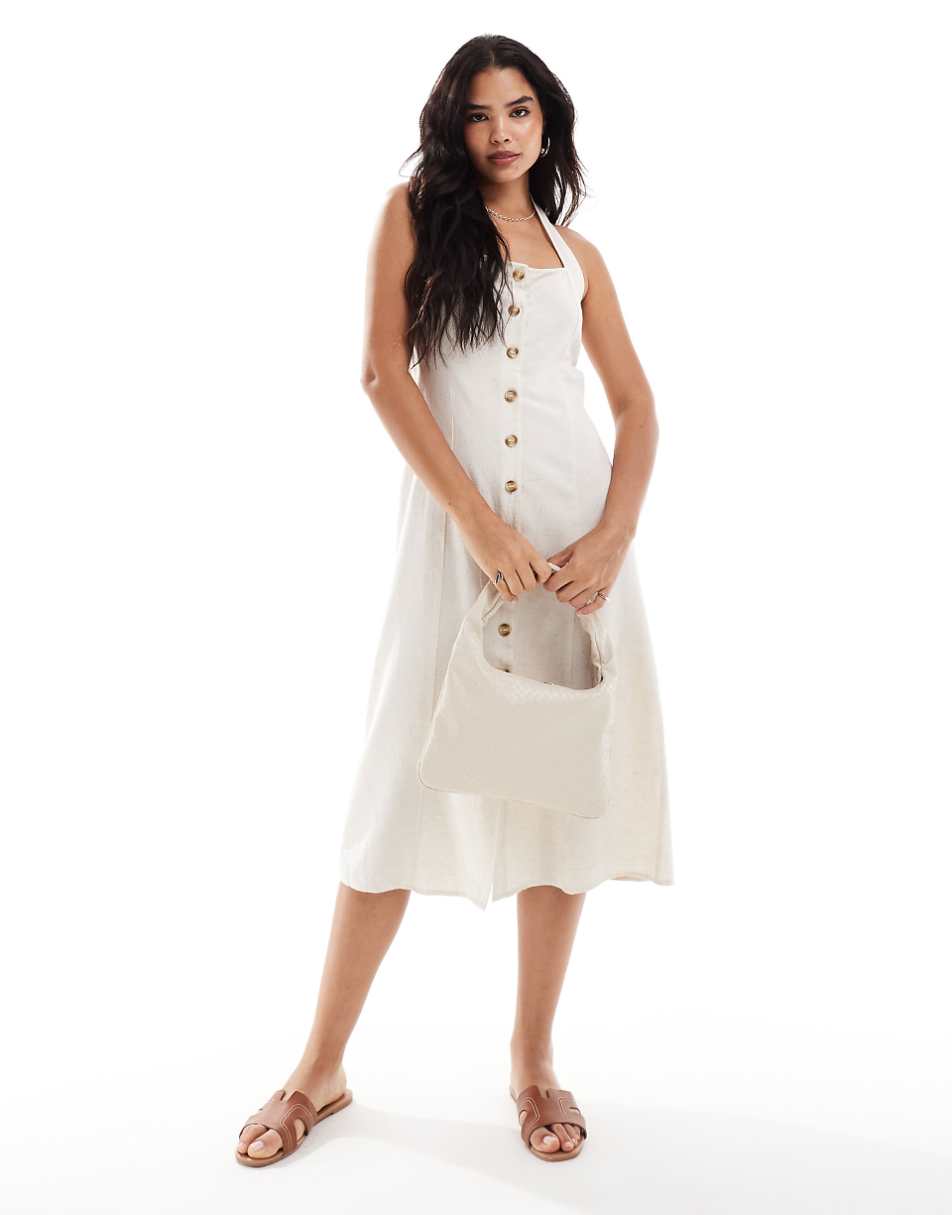 Vero Moda button down linen mix halter midi dress in cream