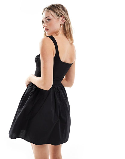 ASOS DESIGN ribbed tank mini dress with poplin skirt in black