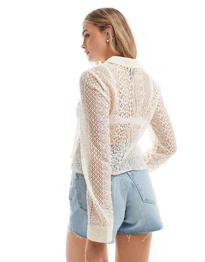 Pieces open neck lace shirt in cream