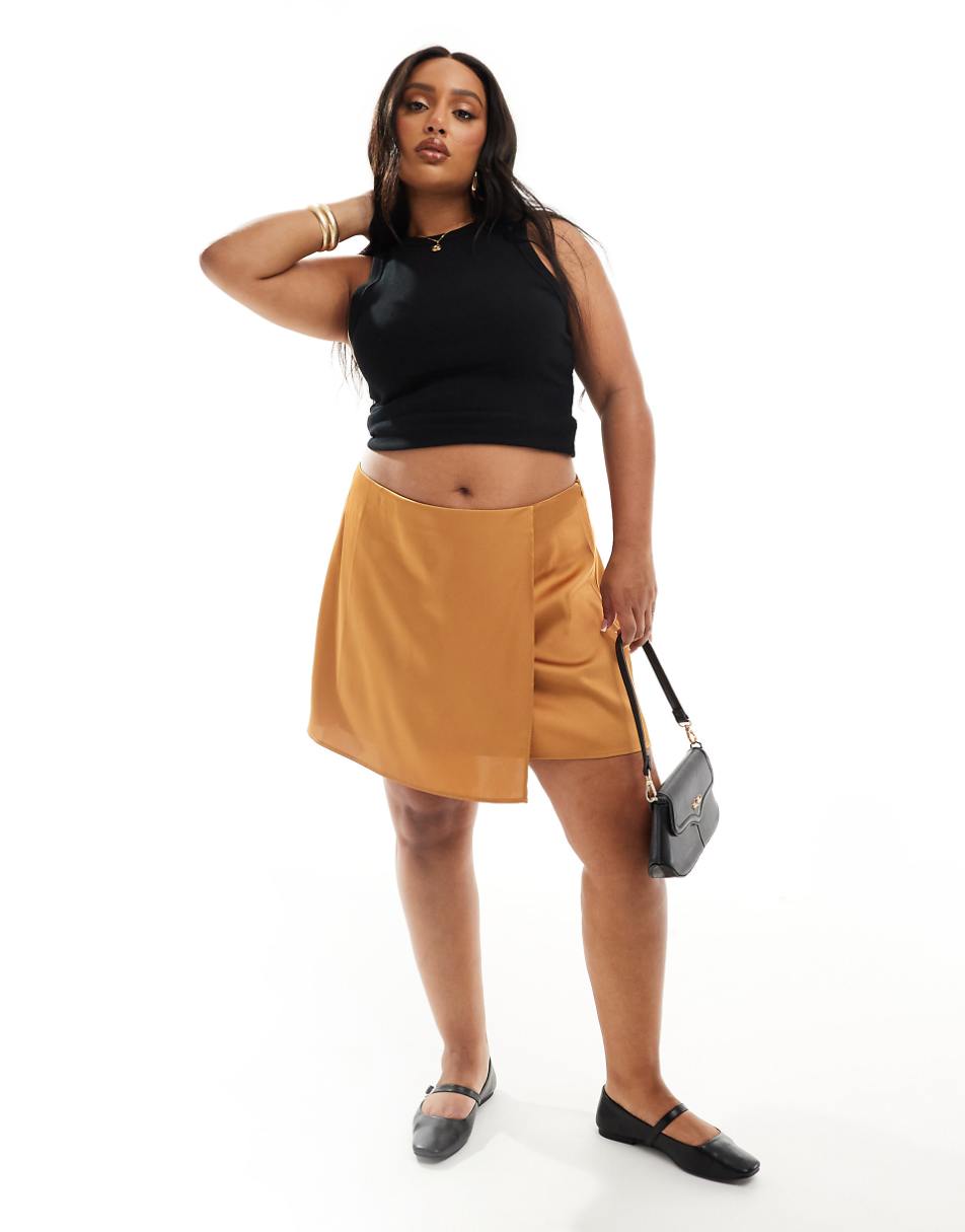 ASOS DESIGN Curve satin wrap mini skirt in golden dusk