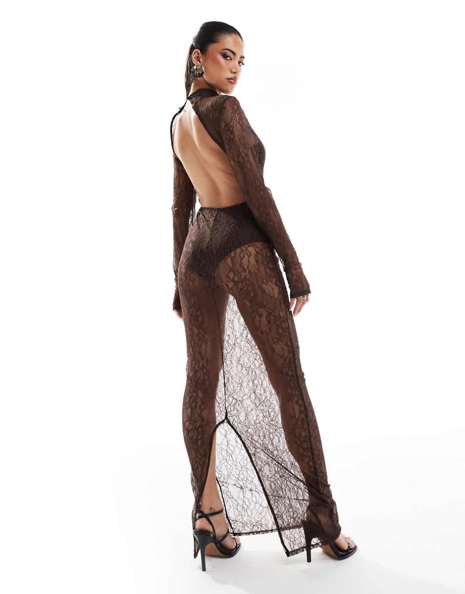 ASOS DESIGN lace overlay body maxi dress in chocolate