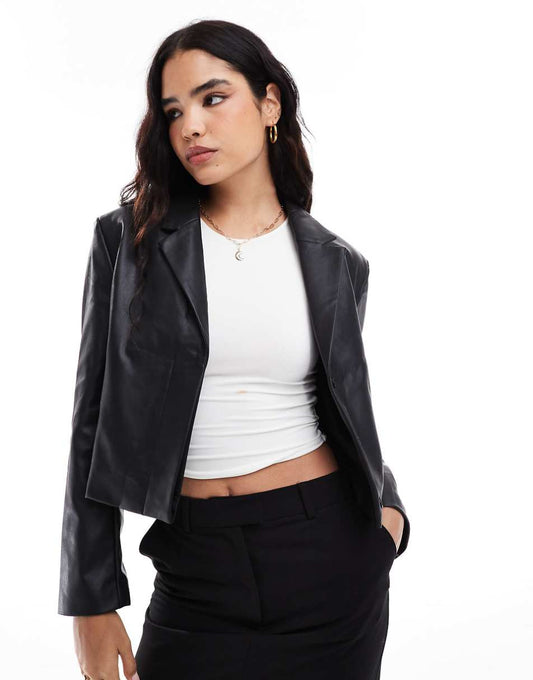 ASOS DESIGN boxy faux leather blazer in black