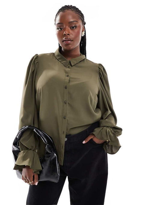 ASOS DESIGN Curve volume sleeve soft shirt with ruffle cuffs in olive