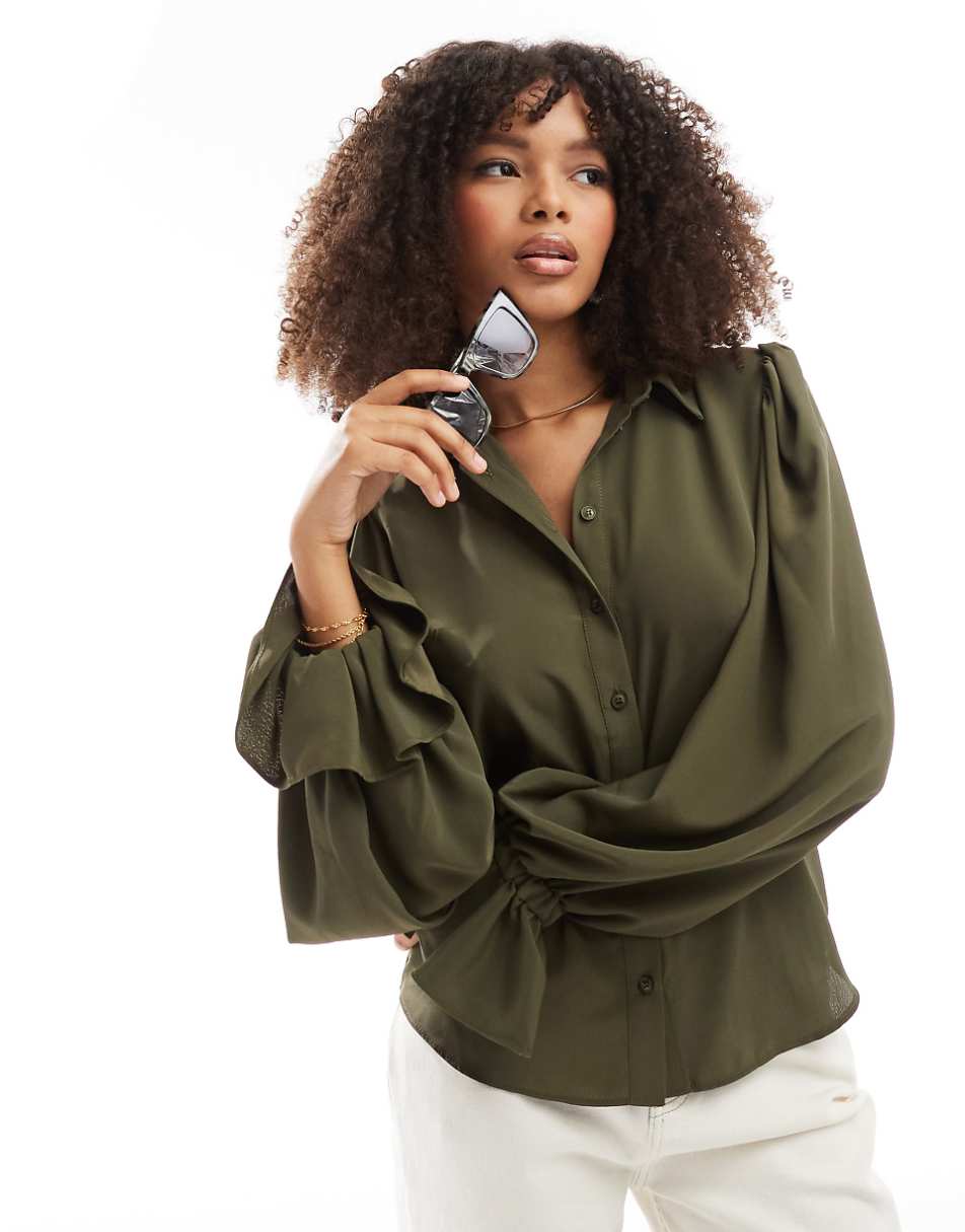 ASOS DESIGN volume sleeved soft shirt with ruffle cuffs in khaki