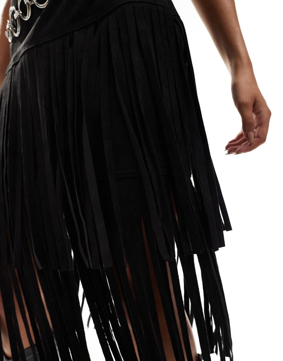 ASOS DESIGN fringed tiered suedette mini skirt in black