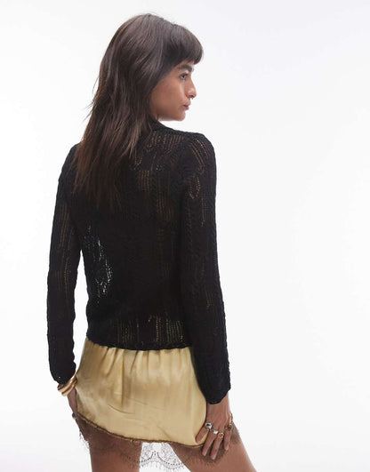 Topshop knitted long sleeve stitchy pattern shirt in black