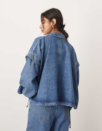 ASOS EDITION denim bomber jacket with collar in mid blue