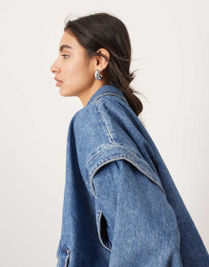 ASOS EDITION denim bomber jacket with collar in mid blue