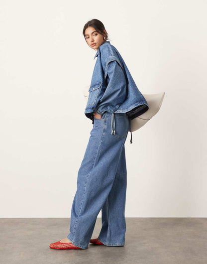 ASOS EDITION denim bomber jacket with collar in mid blue
