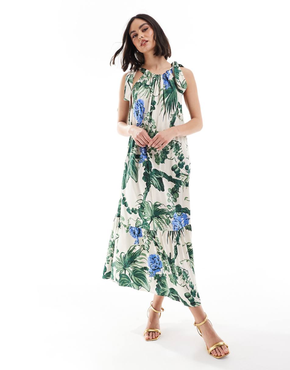 & Other Stories tiered hem maxi dress with gathered tie neck detail and keyhole back in floral leaf print