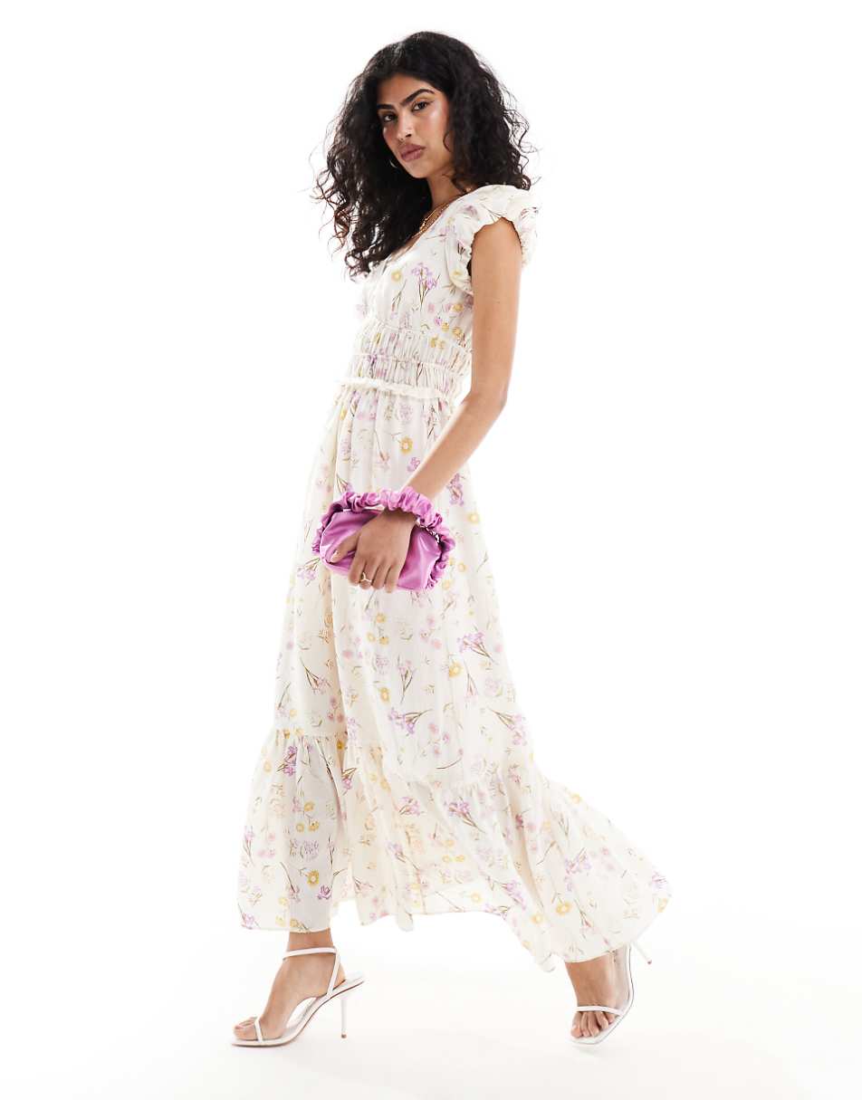 & Other Stories linen blend midaxi dress with ruched bodice detail and tiered hem in floral print