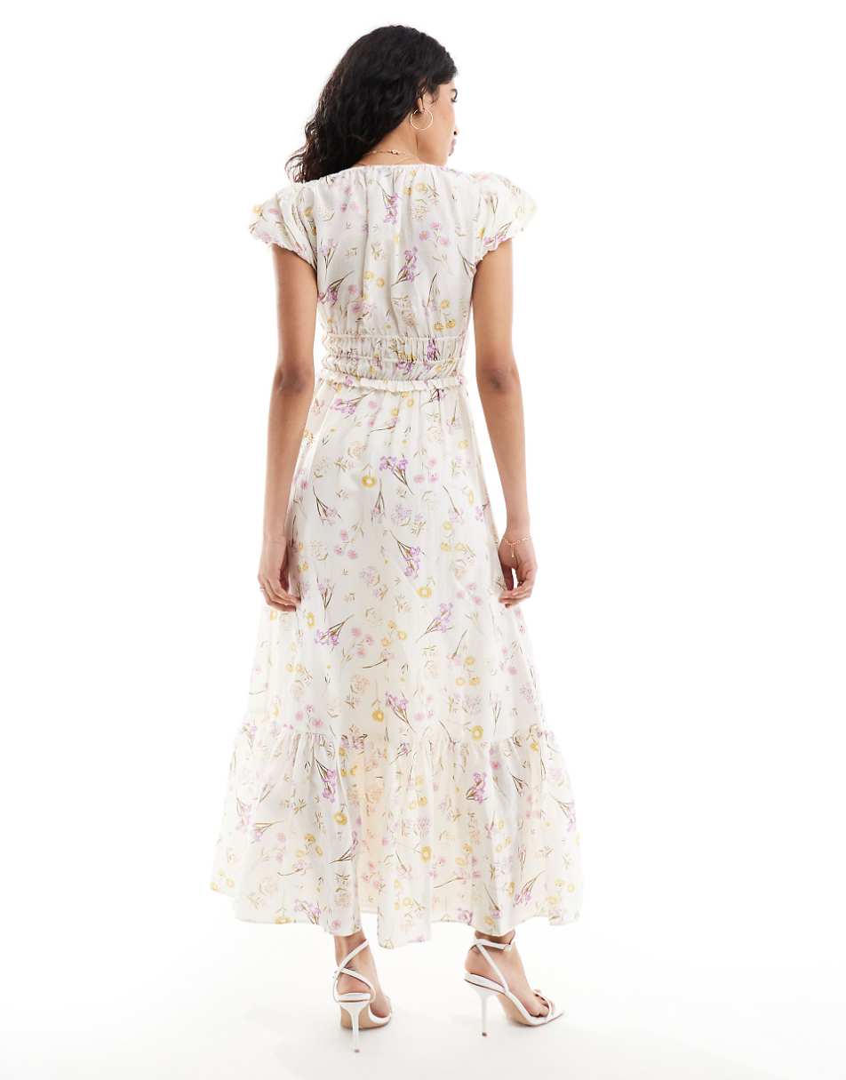 & Other Stories linen blend midaxi dress with ruched bodice detail and tiered hem in floral print