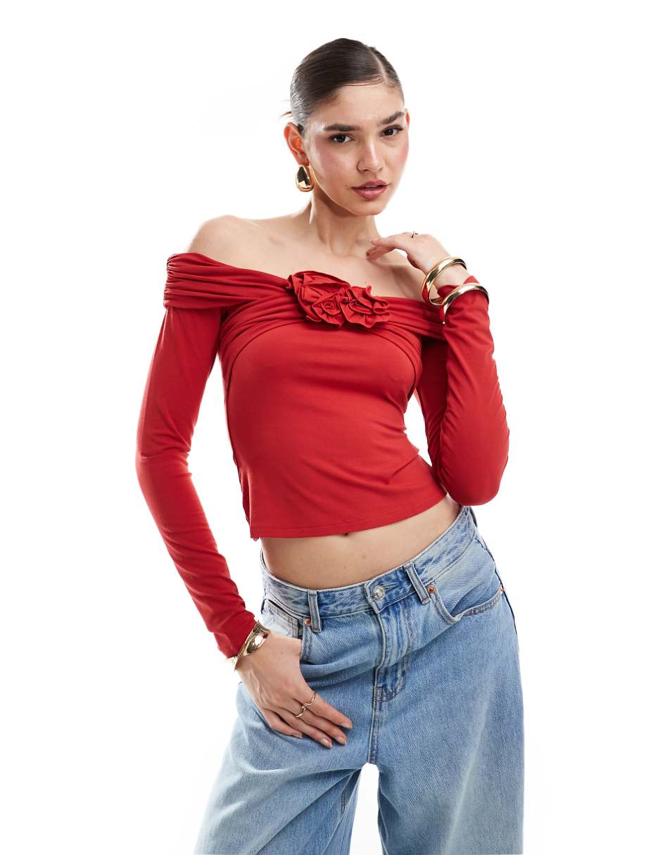 & Other Stories off-shoulder long sleeve top with front corsage in red