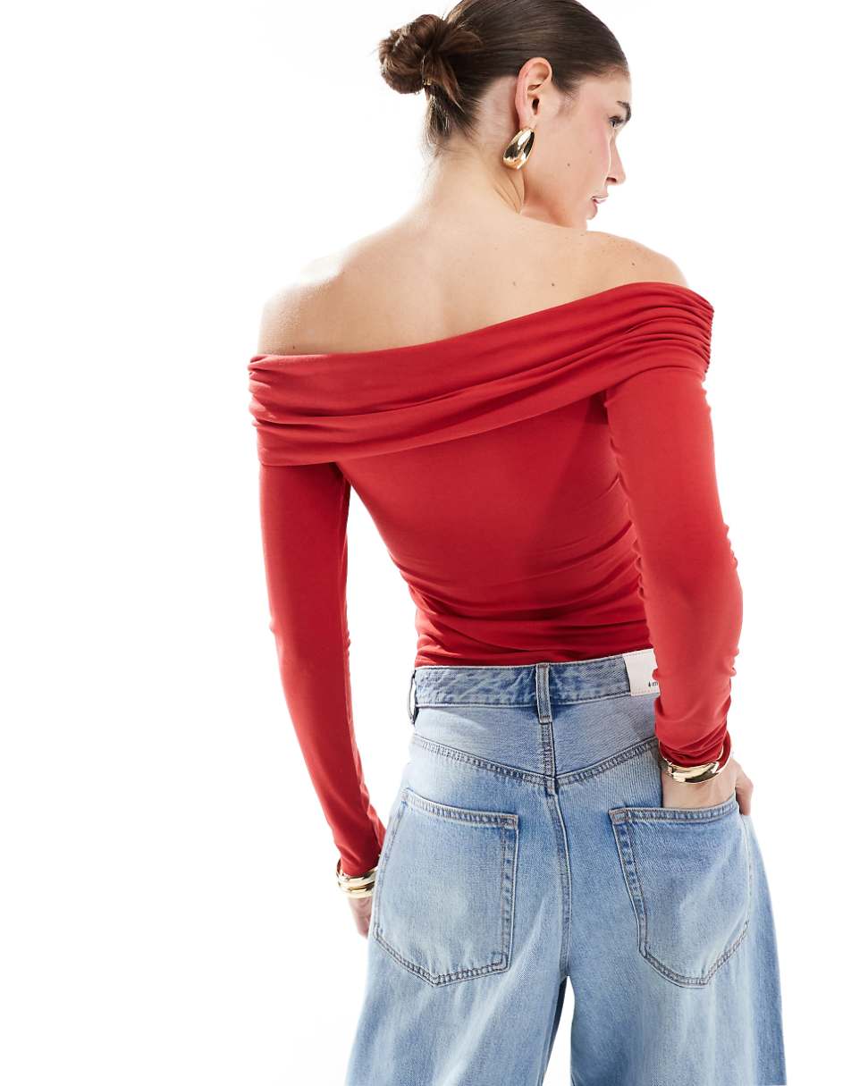 & Other Stories off-shoulder long sleeve top with front corsage in red