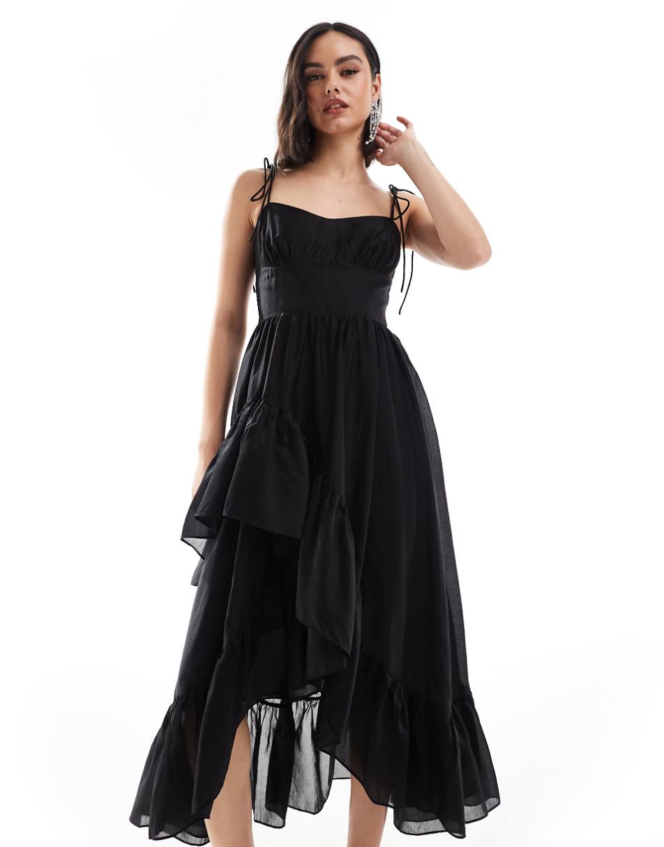 & Other Stories midaxi dress with spaghetti straps and  asymmetric ruffle hem in black