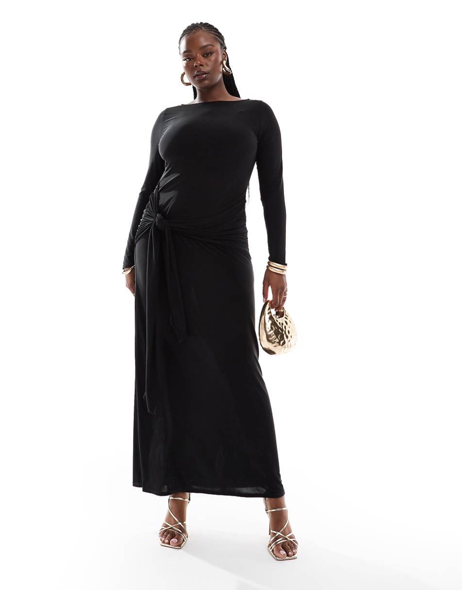 ASOS DESIGN Curve tie front exaggerated drape maxi dress in black