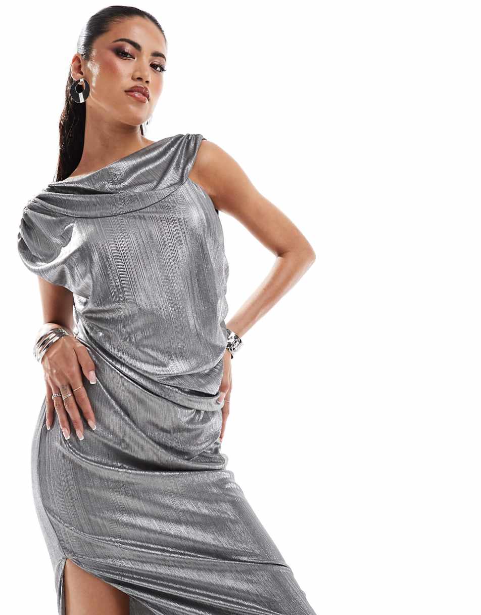 ASOS DESIGN metallic drapey maxi dress in gunmetal silver