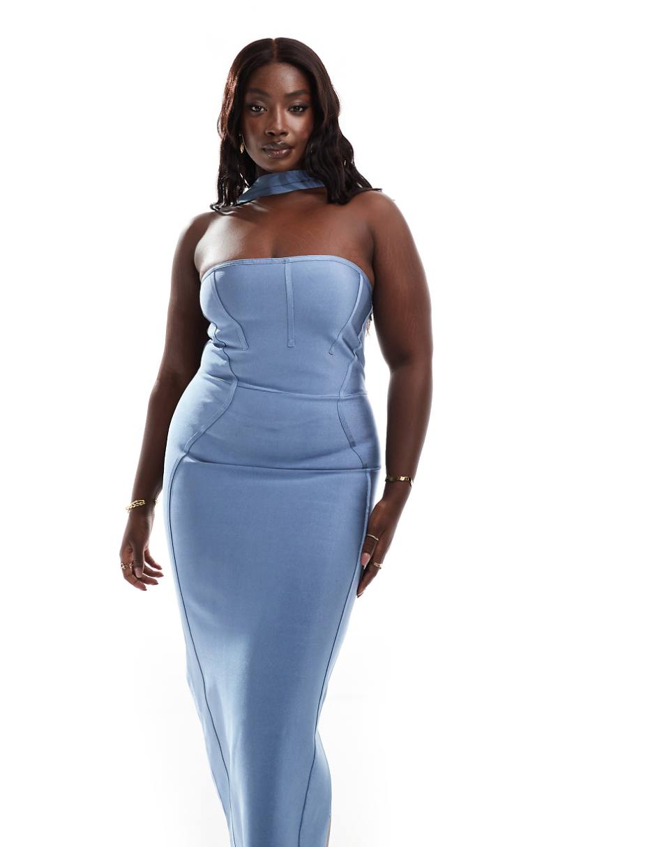 ASOS DESIGN Curve bandage bandeau midi dress with halter detail in steel blue