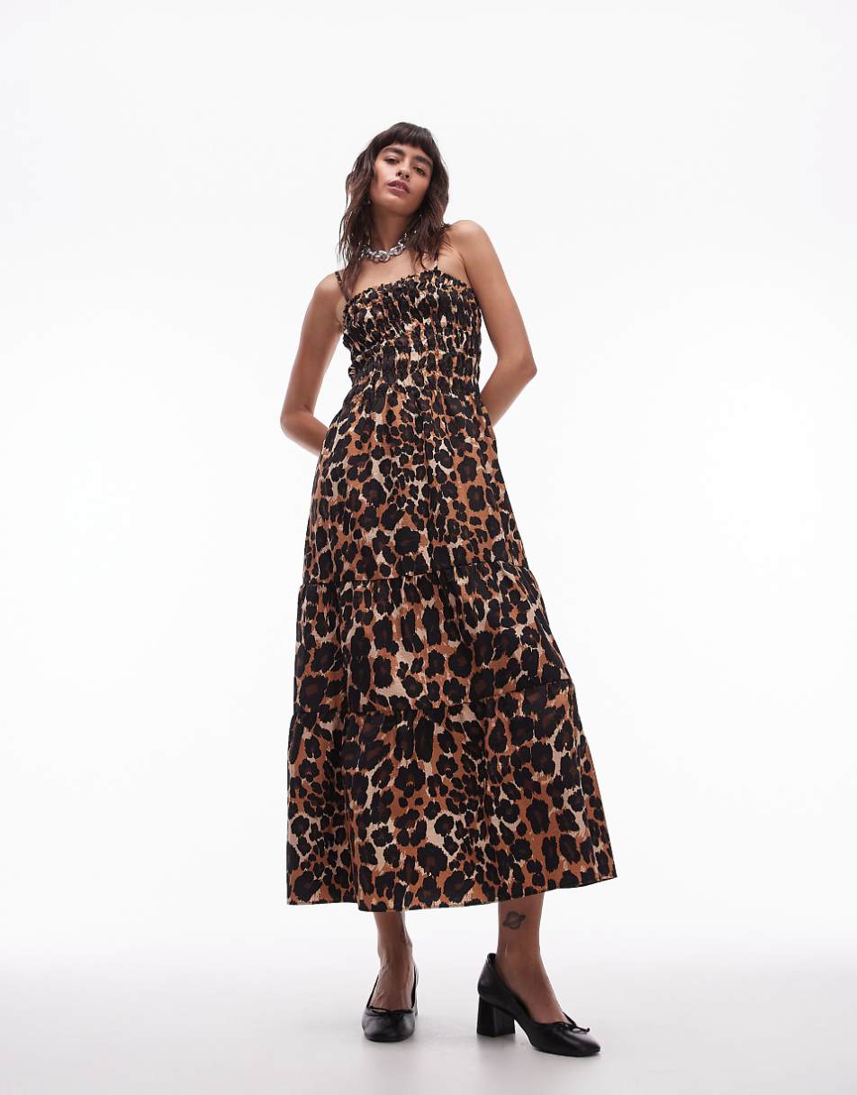 Topshop shirred midi dress in animal print