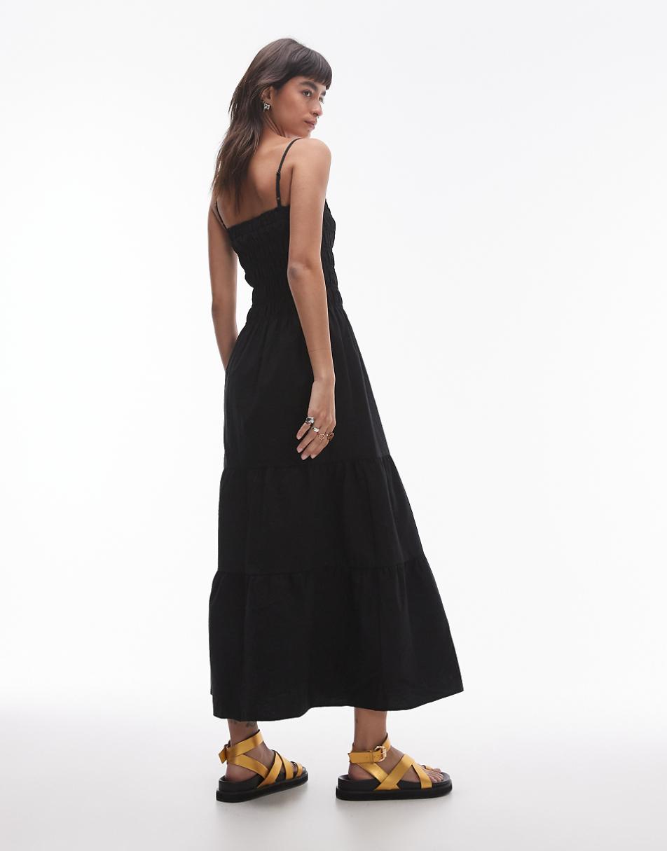 Topshop shirred midi dress in black