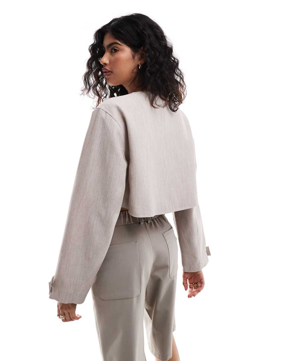 ASOS DESIGN cropped collarless linen look jacket in oatmeal