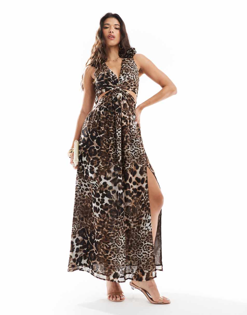 Style Cheat corsage shoulder maxi dress in leopard