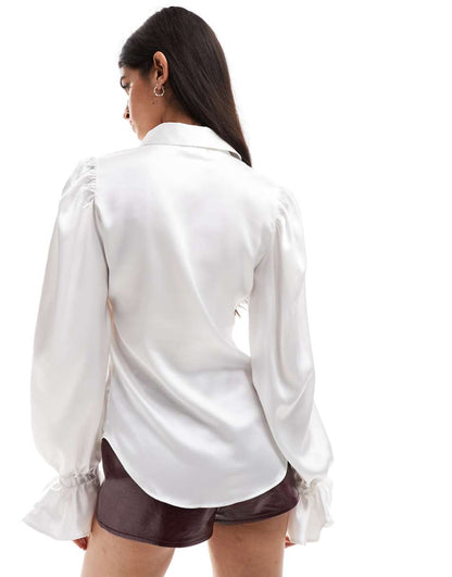 ASOS DESIGN satin shirt with open back in ivory