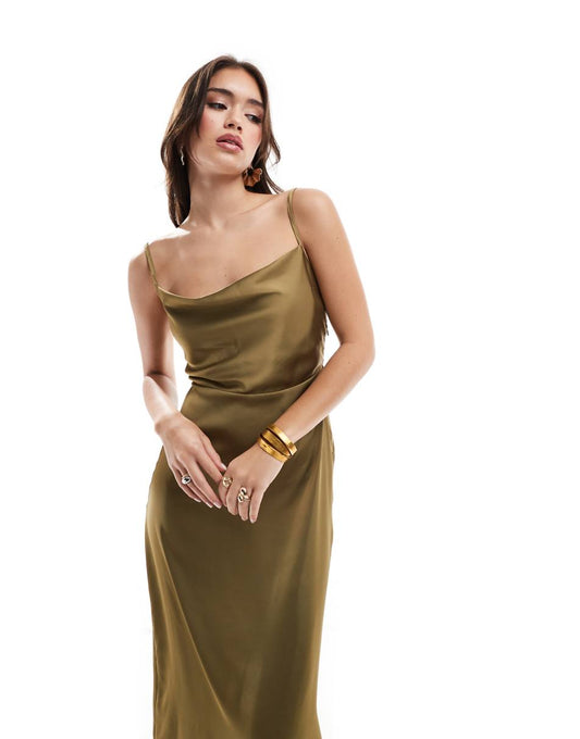 Vila Bridesmaid satin cowl neck cami maxi dress in olive green