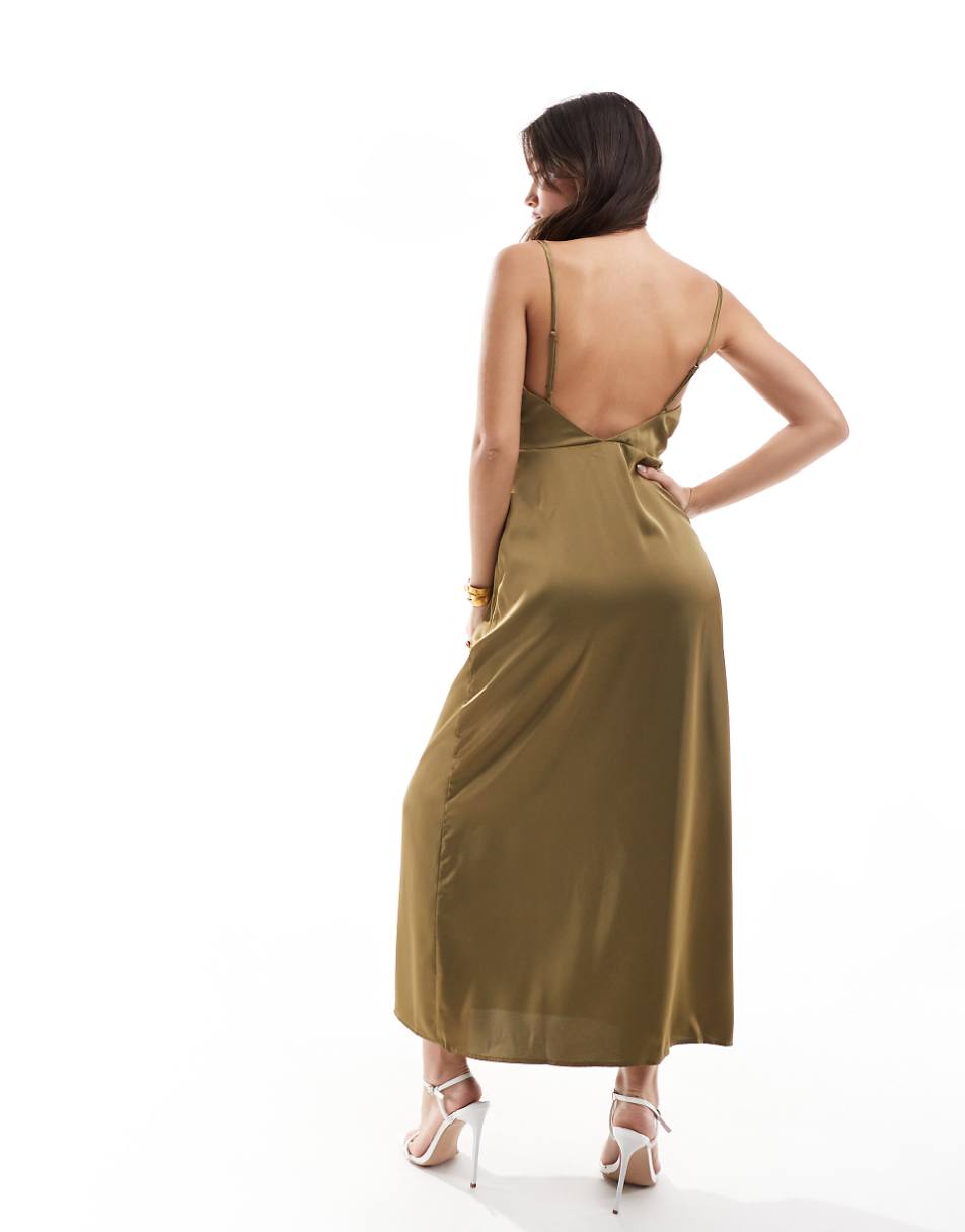 Vila Bridesmaid satin cowl neck cami maxi dress in olive green