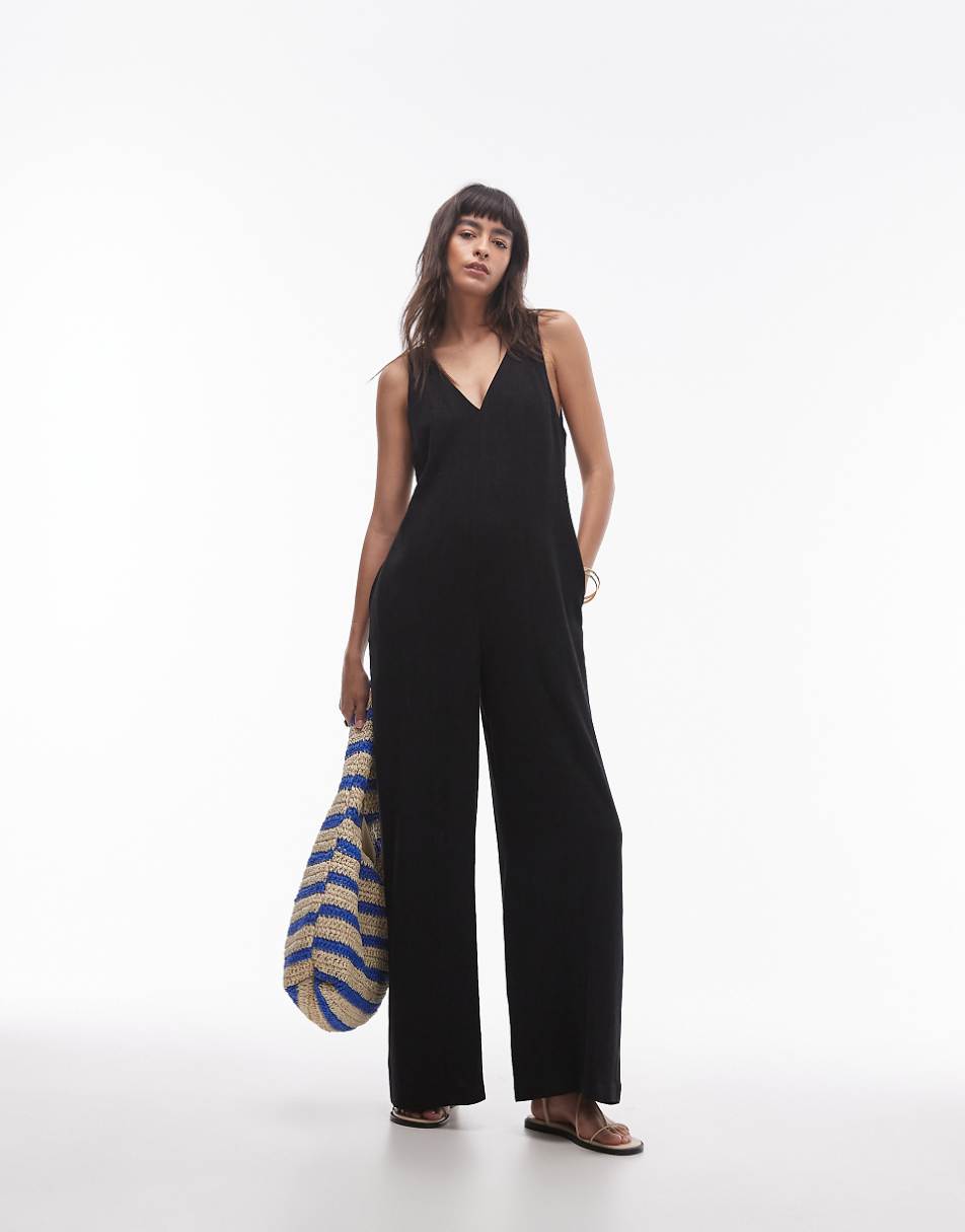 Topshop V neck bermuda jumpsuit in black