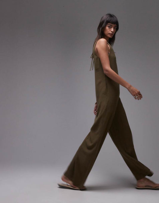 Topshop V neck bermuda jumpsuit in khaki