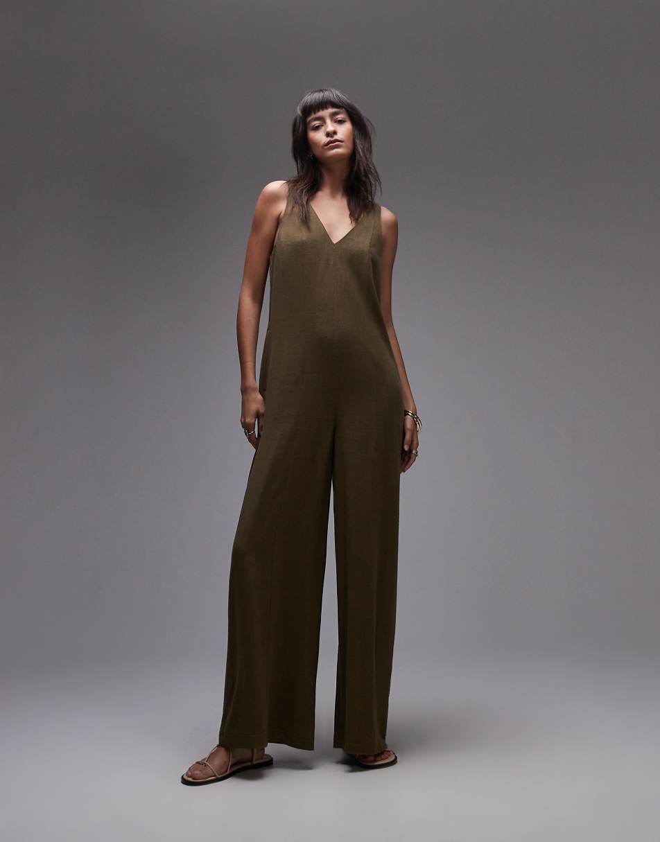 Topshop V neck bermuda jumpsuit in khaki