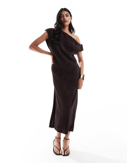 ASOS DESIGN fallen shoulder with twist plisse maxi dress in chocolate