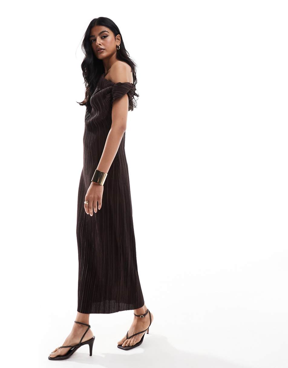 ASOS DESIGN fallen shoulder with twist plisse maxi dress in chocolate