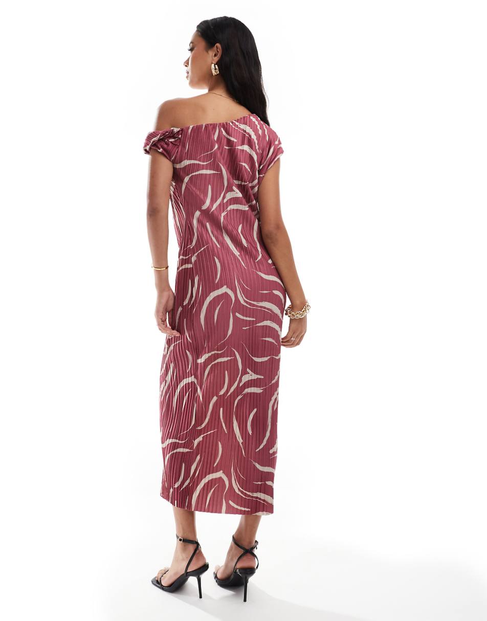 ASOS DESIGN fallen shoulder with twist detail plisse maxi dress in abstract floral print