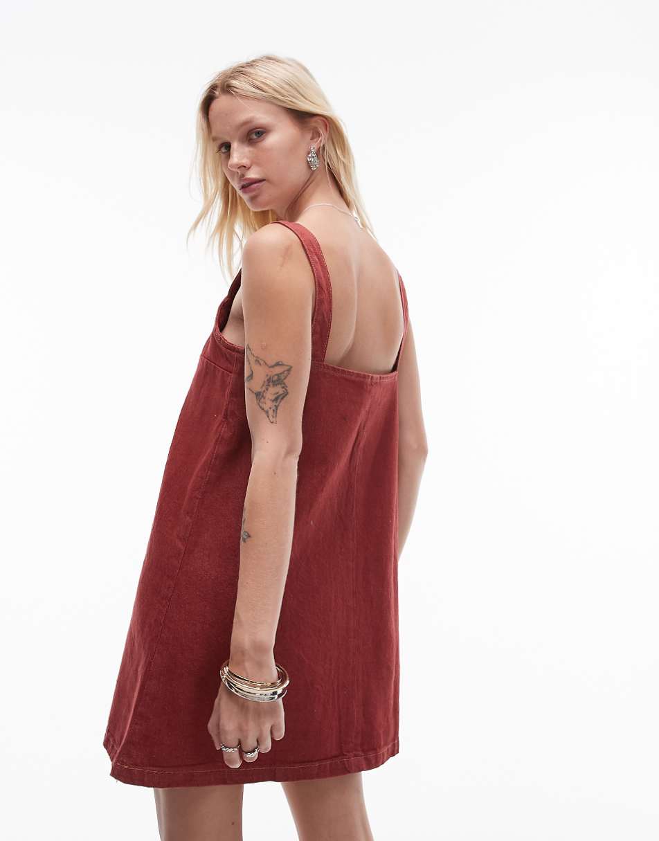 Topshop denim boxy cami dress in red