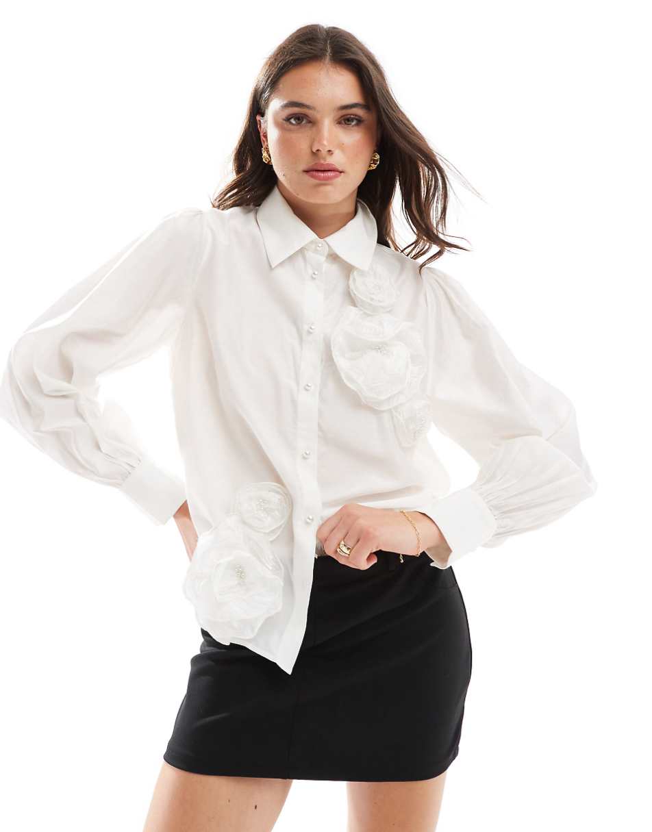 YAS flower detail long sleeve shirt in white