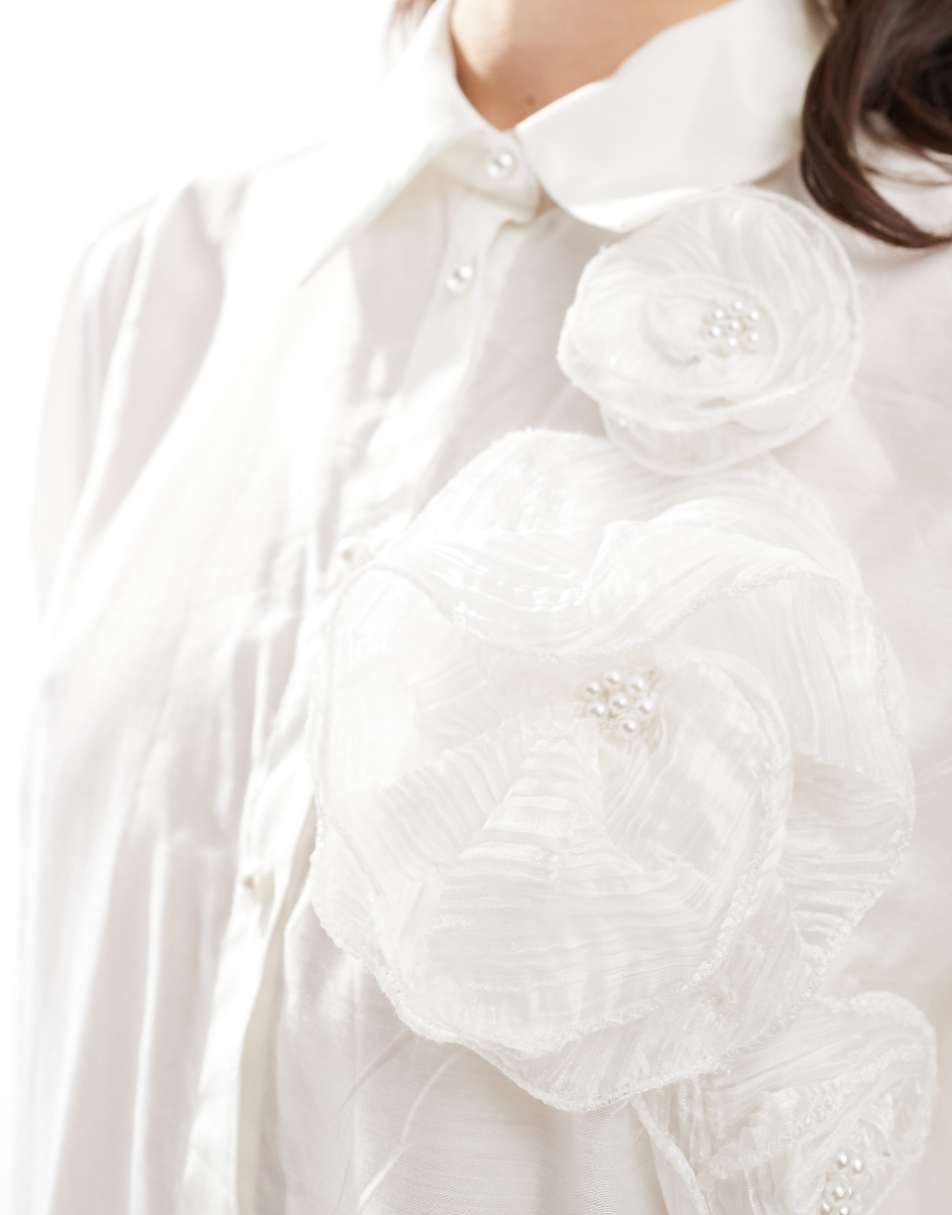 YAS flower detail long sleeve shirt in white