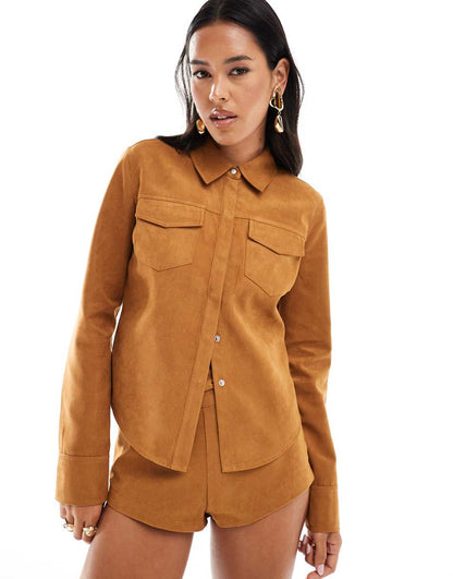 ASOS DESIGN suedette shirt in tan - part of a set