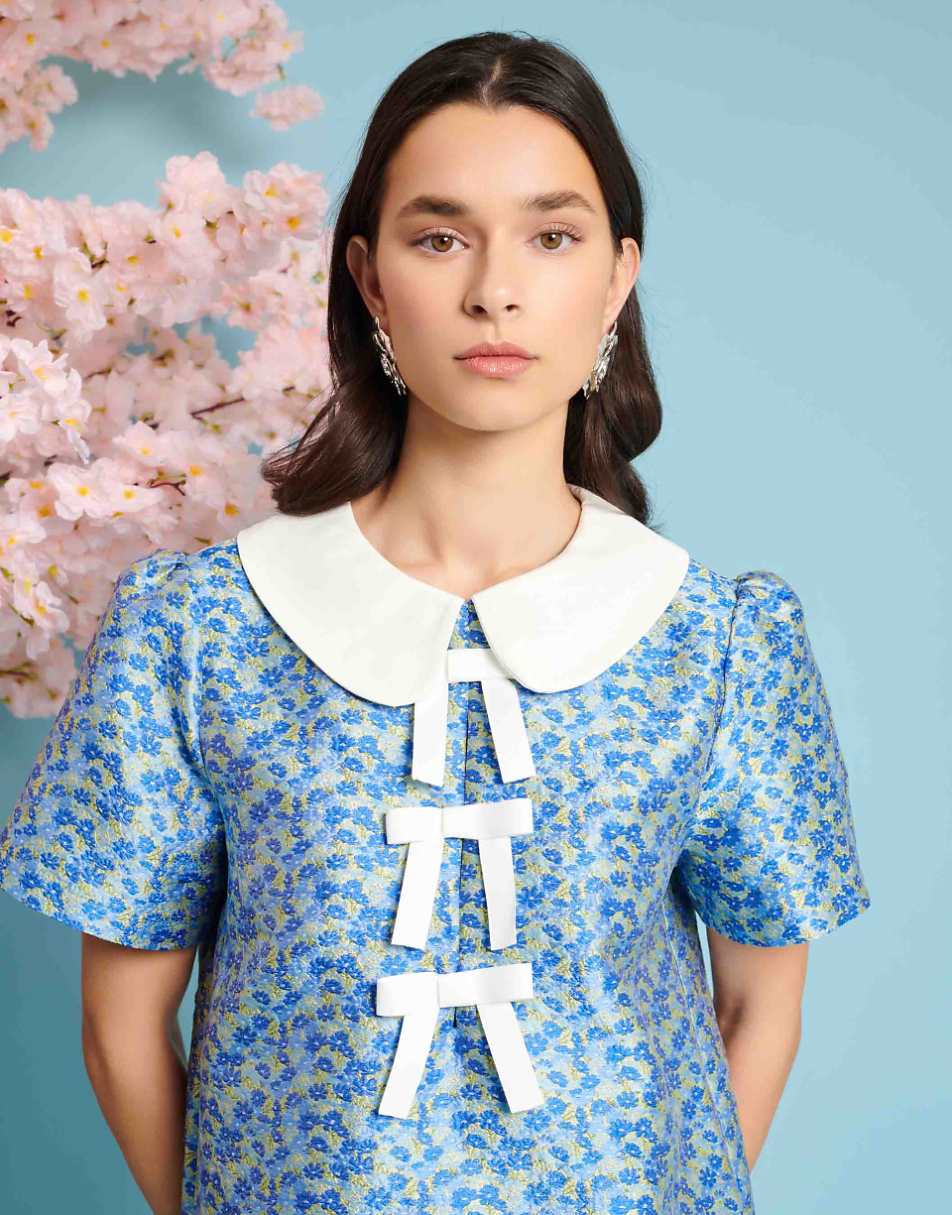 Sister Jane bow detail jacquard mini dress in blue ditsy floral