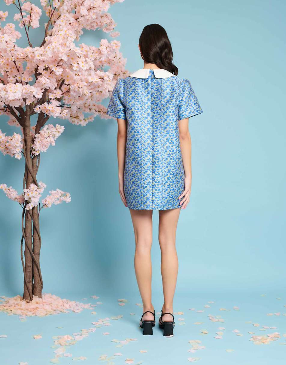 Sister Jane bow detail jacquard mini dress in blue ditsy floral