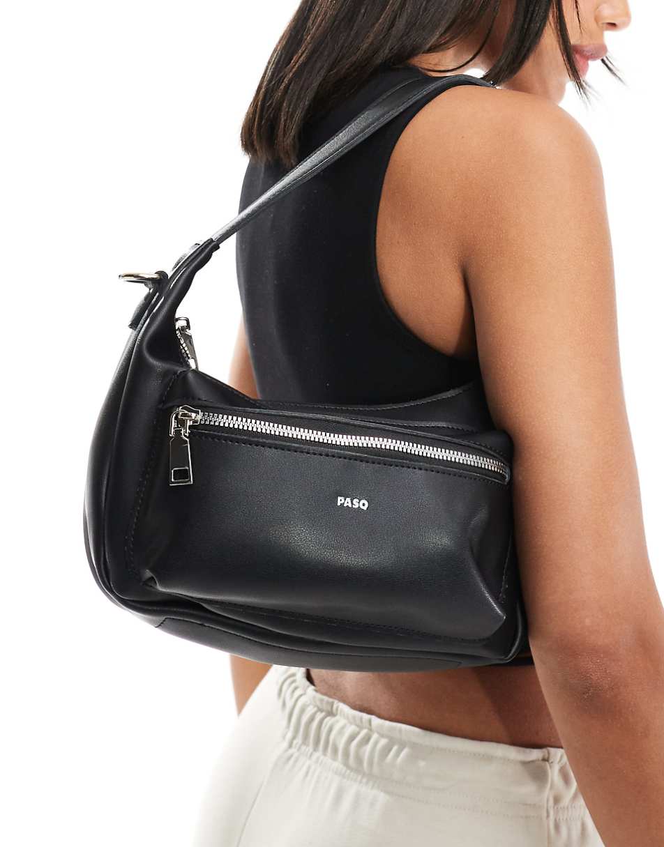 PASQ zip detail shoulder bag with detachable crossbody strap in black