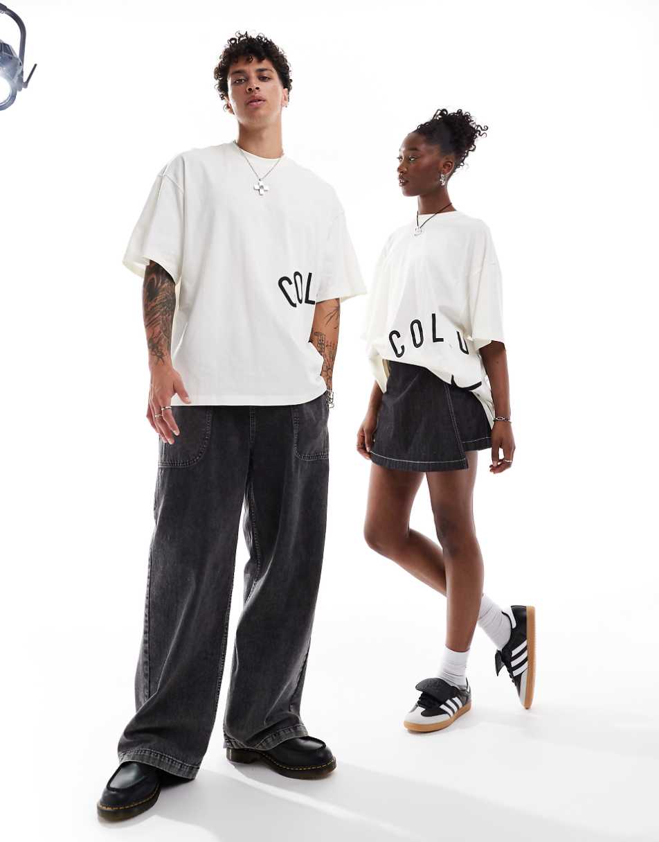 COLLUSION Unisex white t-shirt with logo print in skater fit