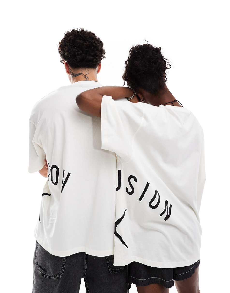 COLLUSION Unisex white t-shirt with logo print in skater fit