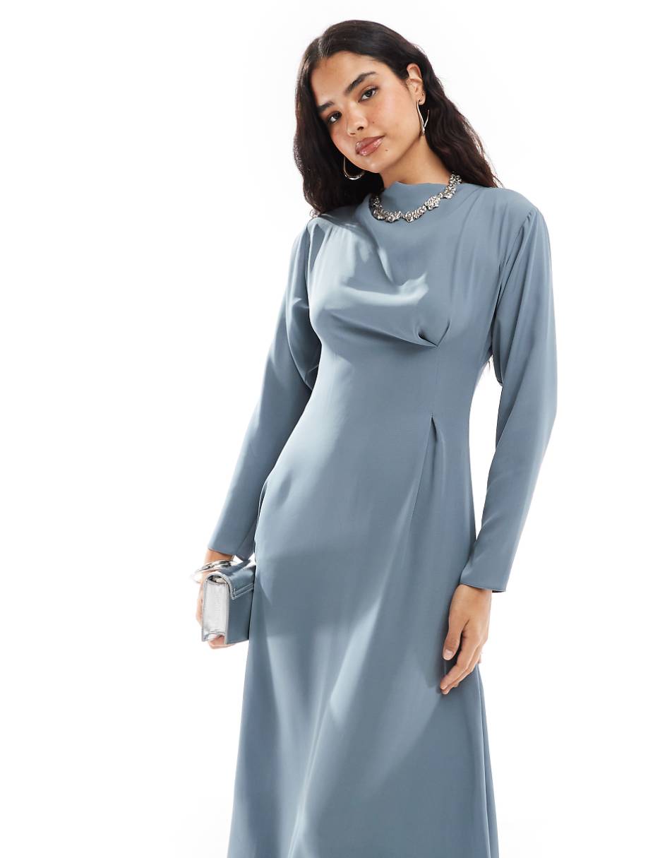 ASOS DESIGN long sleeve cowl detail pleat waist maxi dress in demin blue